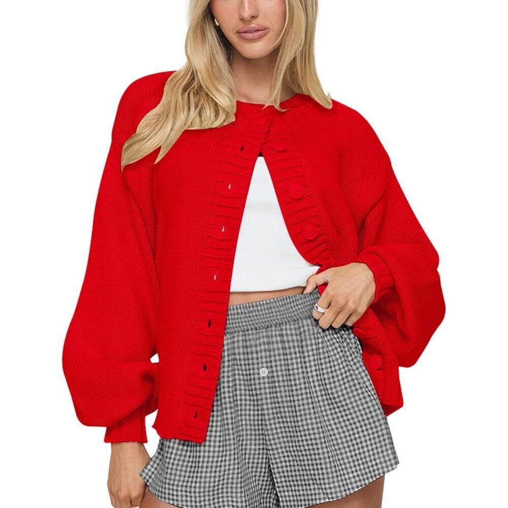 Women’s Red Acrylic Oversized Lantern Sleeve Button Front Cardigan Sweater